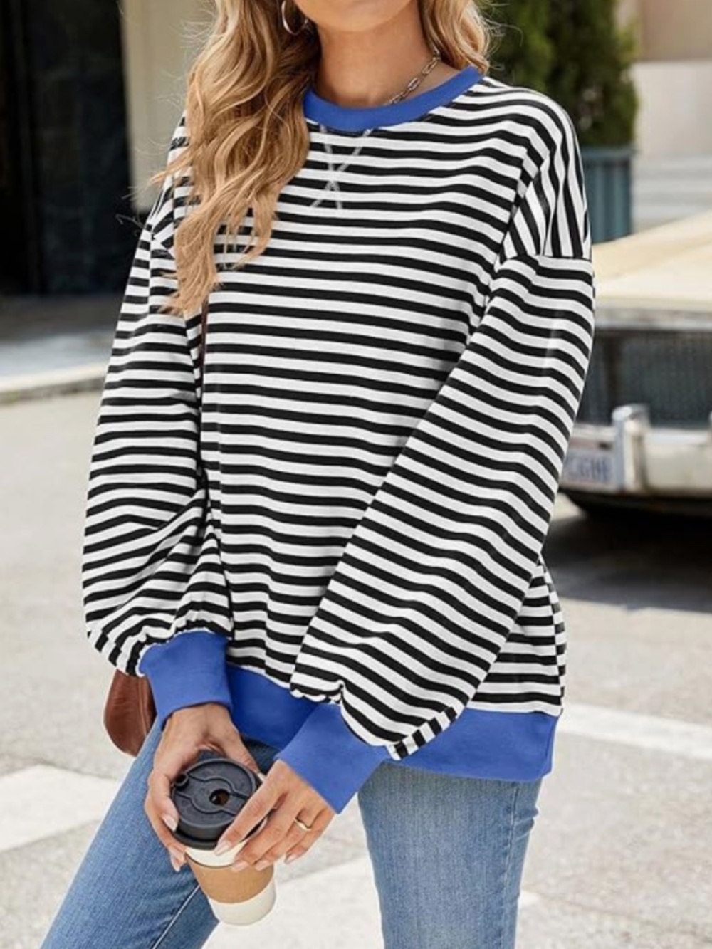 NWT Striped Oversized Crewneck‎ Size S Black and White with Blue Trim